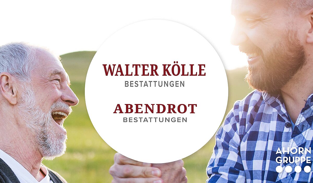 Grafik mit den Köpfen von zwei Männern. Zwischen ihnen sind zwei Logos mit Schriftzug. Bestattungsunternehmen Kölle und Abendrot Bestattungsunternehmen.