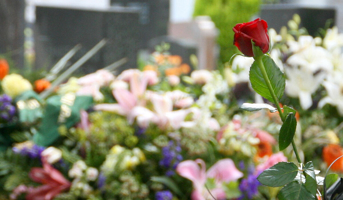 Blumen am Grab im Hintergrund