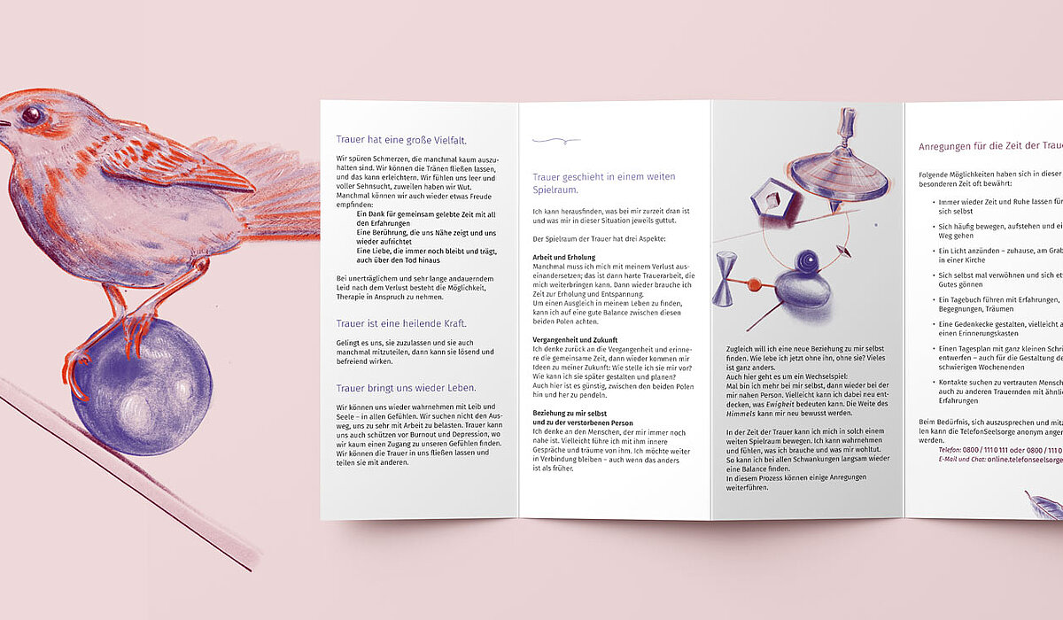 Vogel und Informationsbroschüre zum Thema Trauer